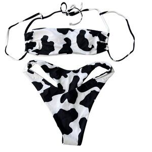 Cow Print Bikini Set Medium Black White Halter Cheeky Swim Beach Resort  NEW